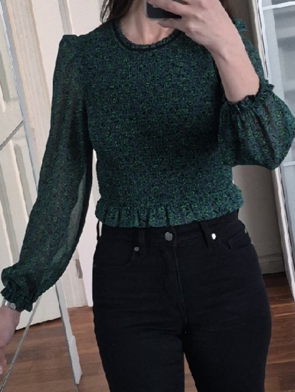 Wilfred Green Floral Smocked Peplum Blouse